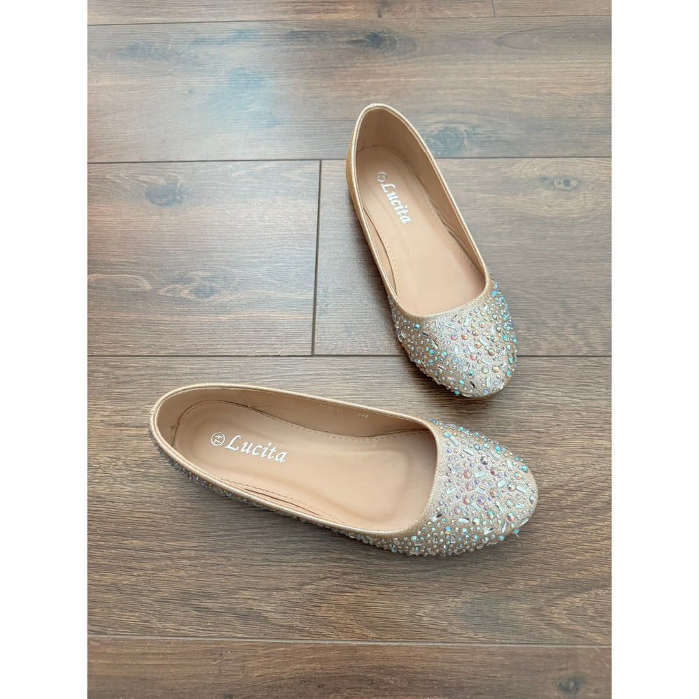 Lucita Gold Glitter Rhinestone Ballet Flats Iridescent Sparkle Evening Shoes 7.5